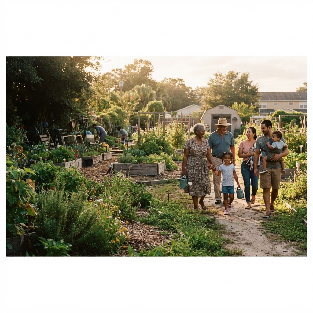 Families and children gathering in a sunny community garden